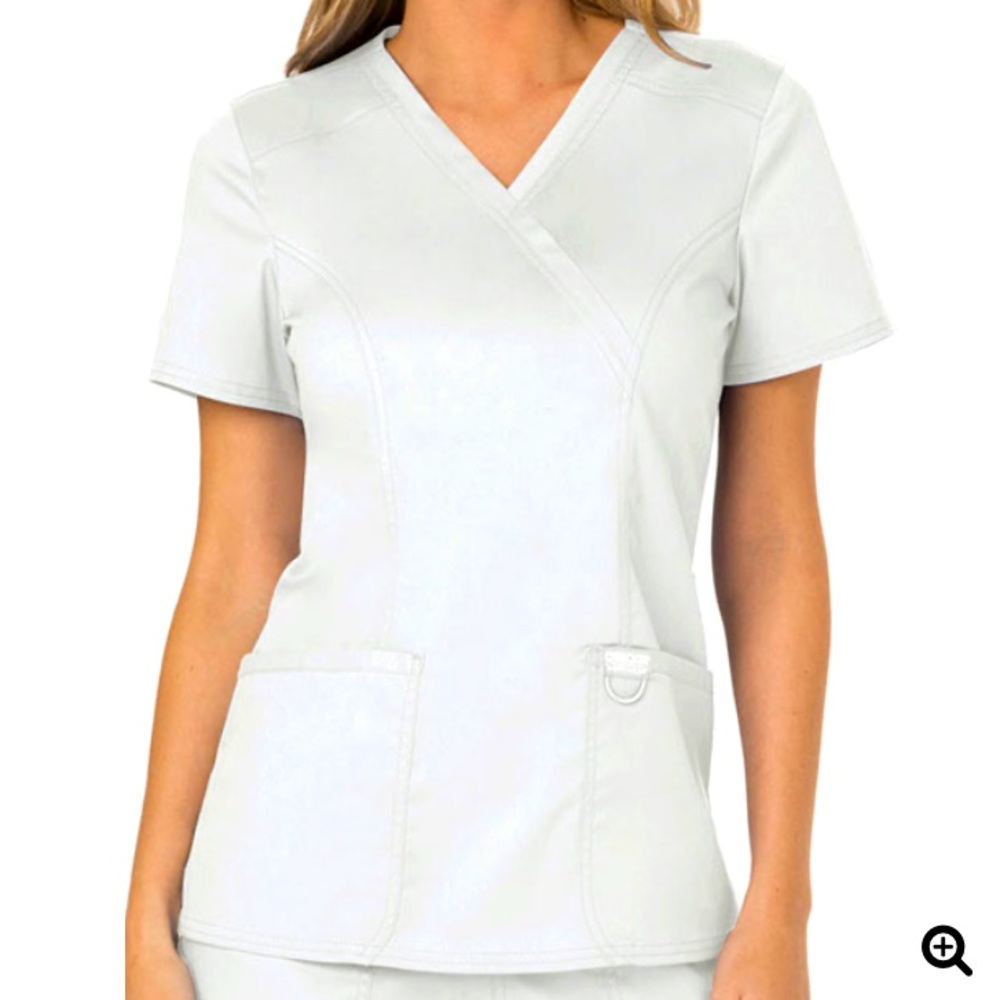 EUC: CHEROKEE Workwear Revolution Women's 2-Pocket Stretch Mock Wrap Scrub Top